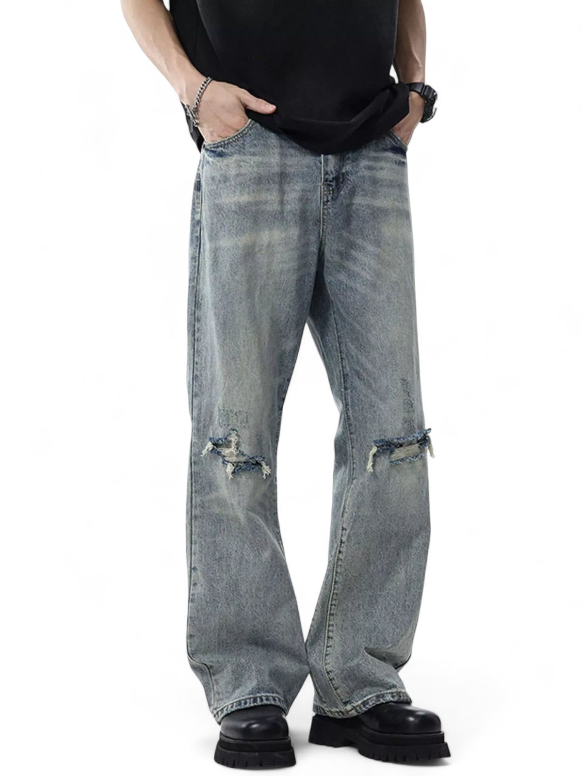 No Stylish | Distressed Wide Leg Jeans