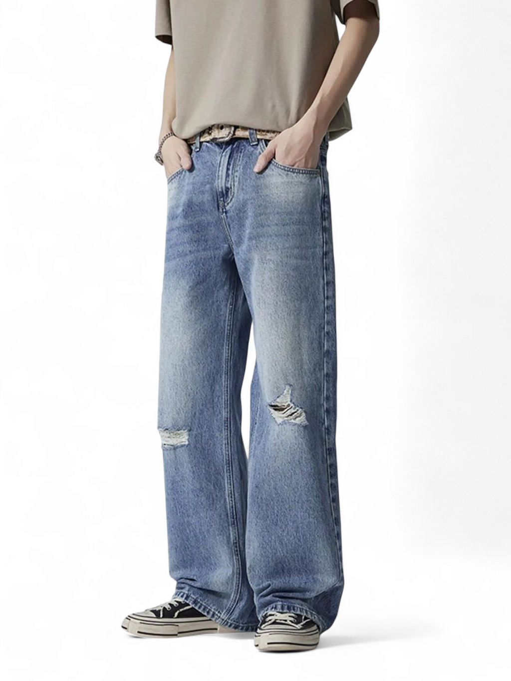 No Stylish | Distressed Wash Wide Leg Jeans