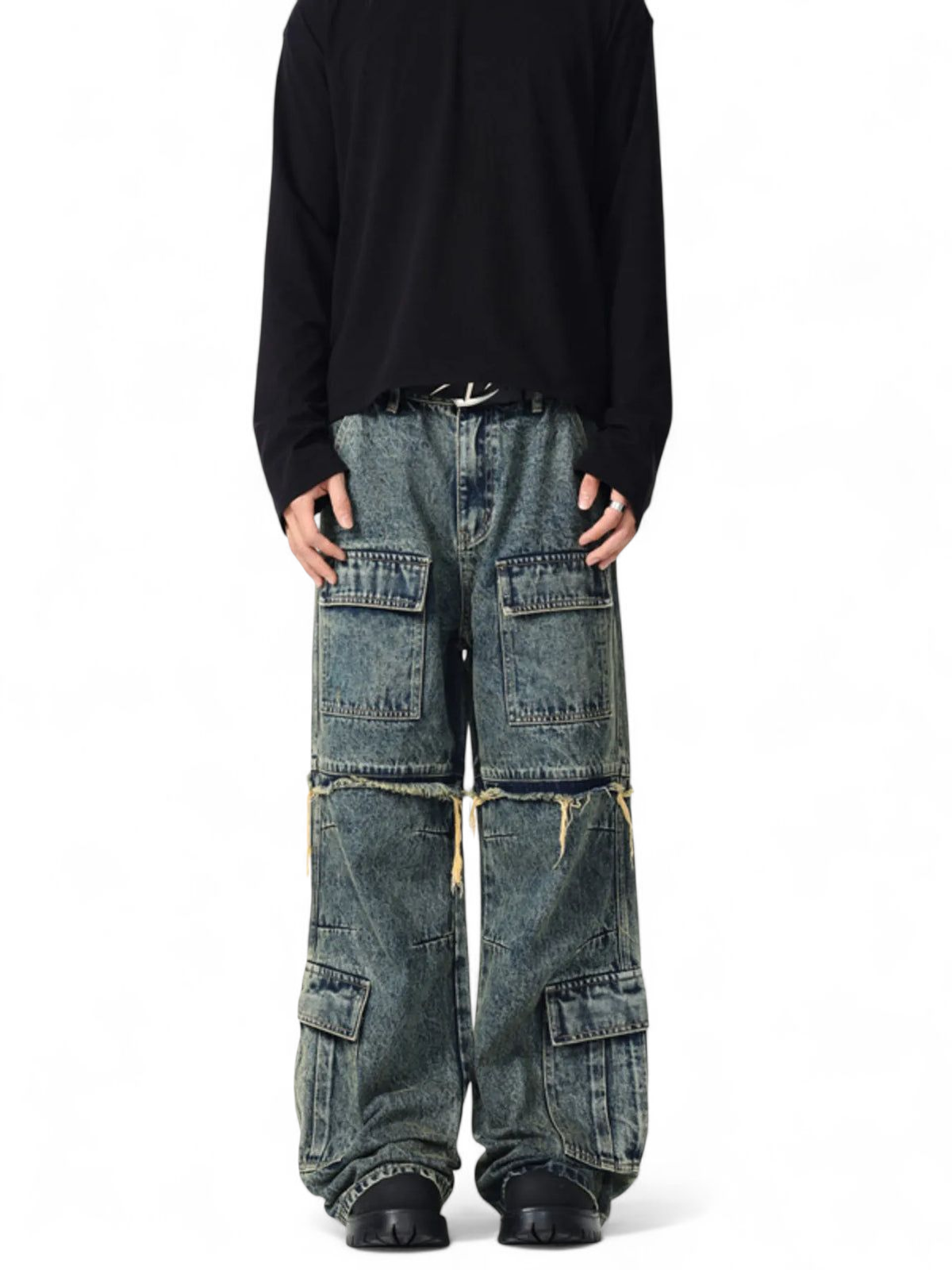 No Stylish | Vintage Wash Multi-Pocket Cargo Jeans