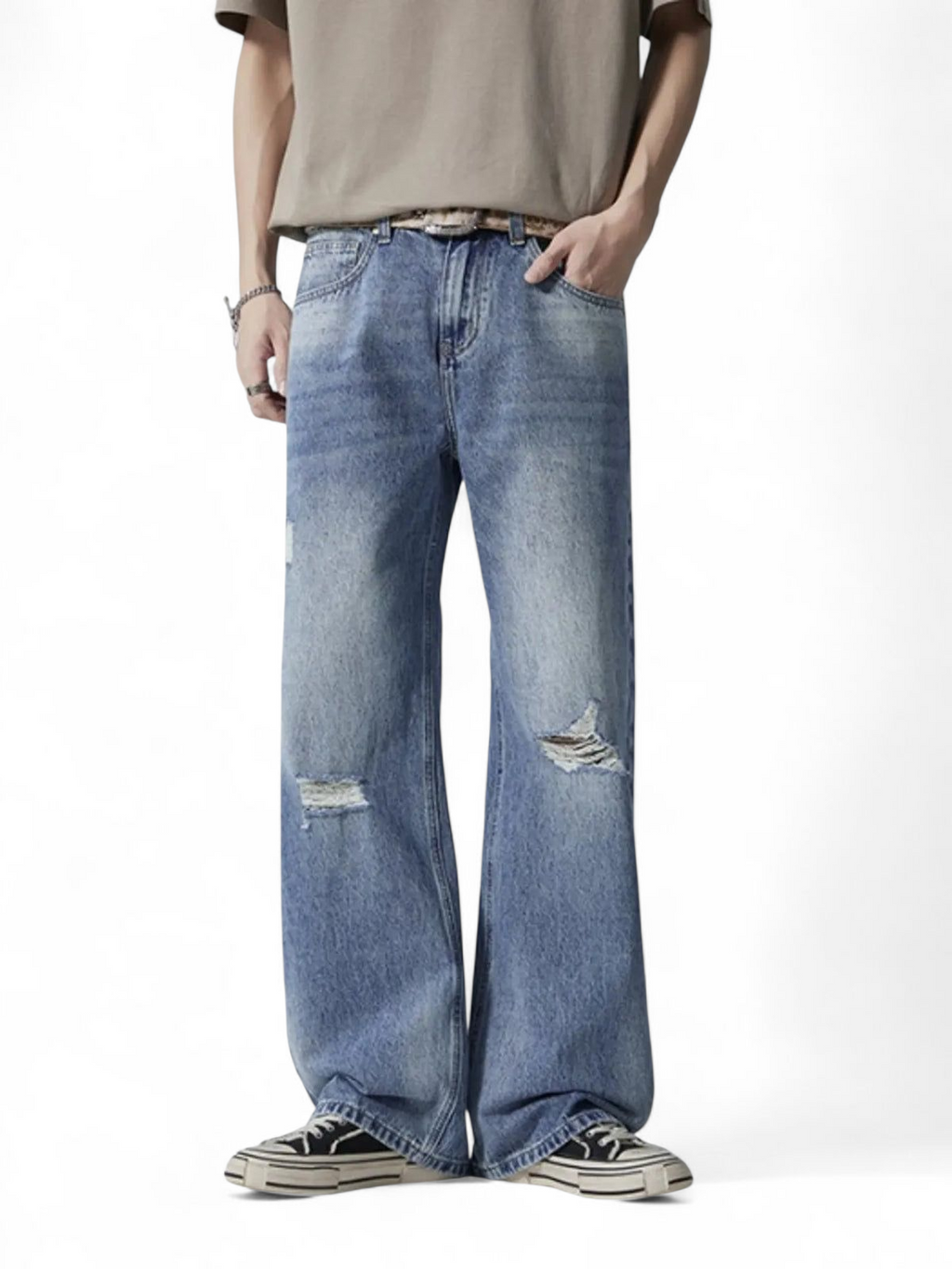 No Stylish | Distressed Wash Wide Leg Jeans