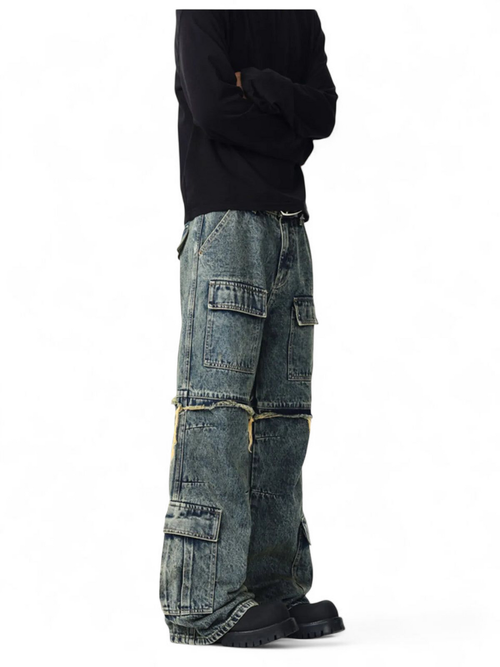 No Stylish | Vintage Wash Multi-Pocket Cargo Jeans