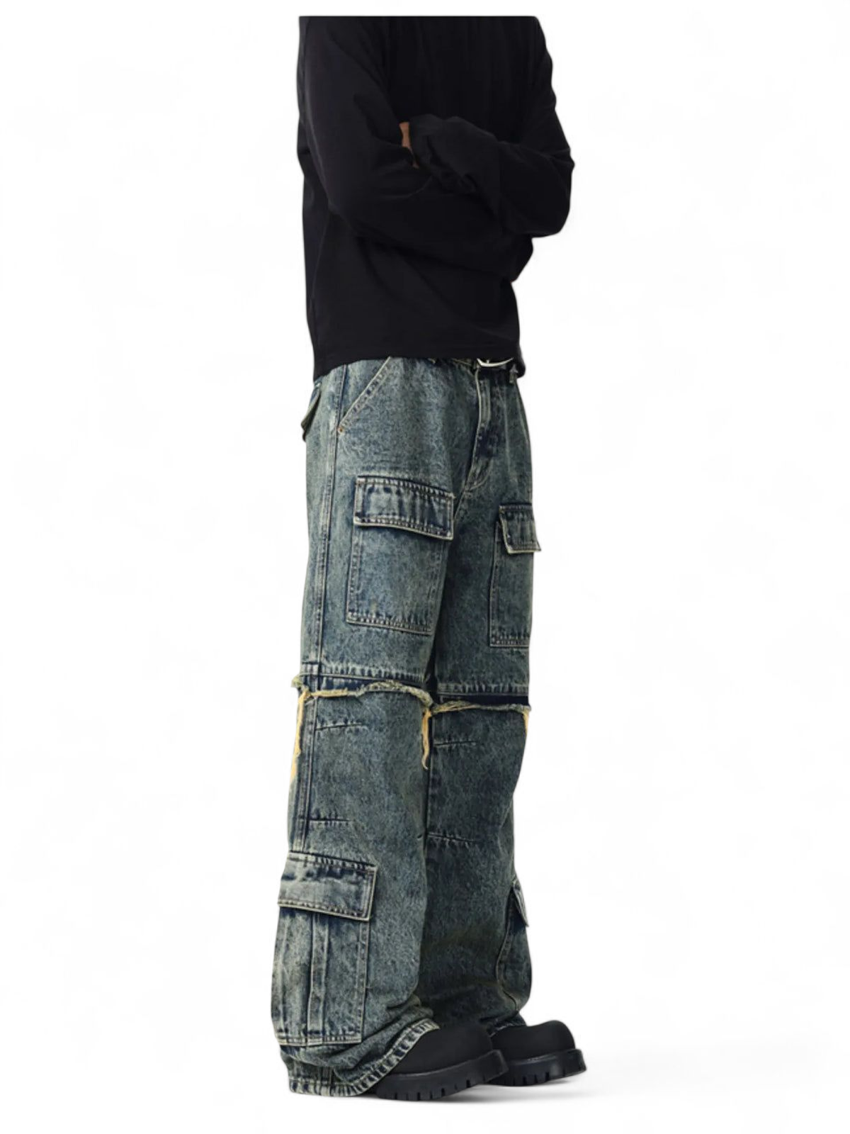 No Stylish | Vintage Wash Multi-Pocket Cargo Jeans